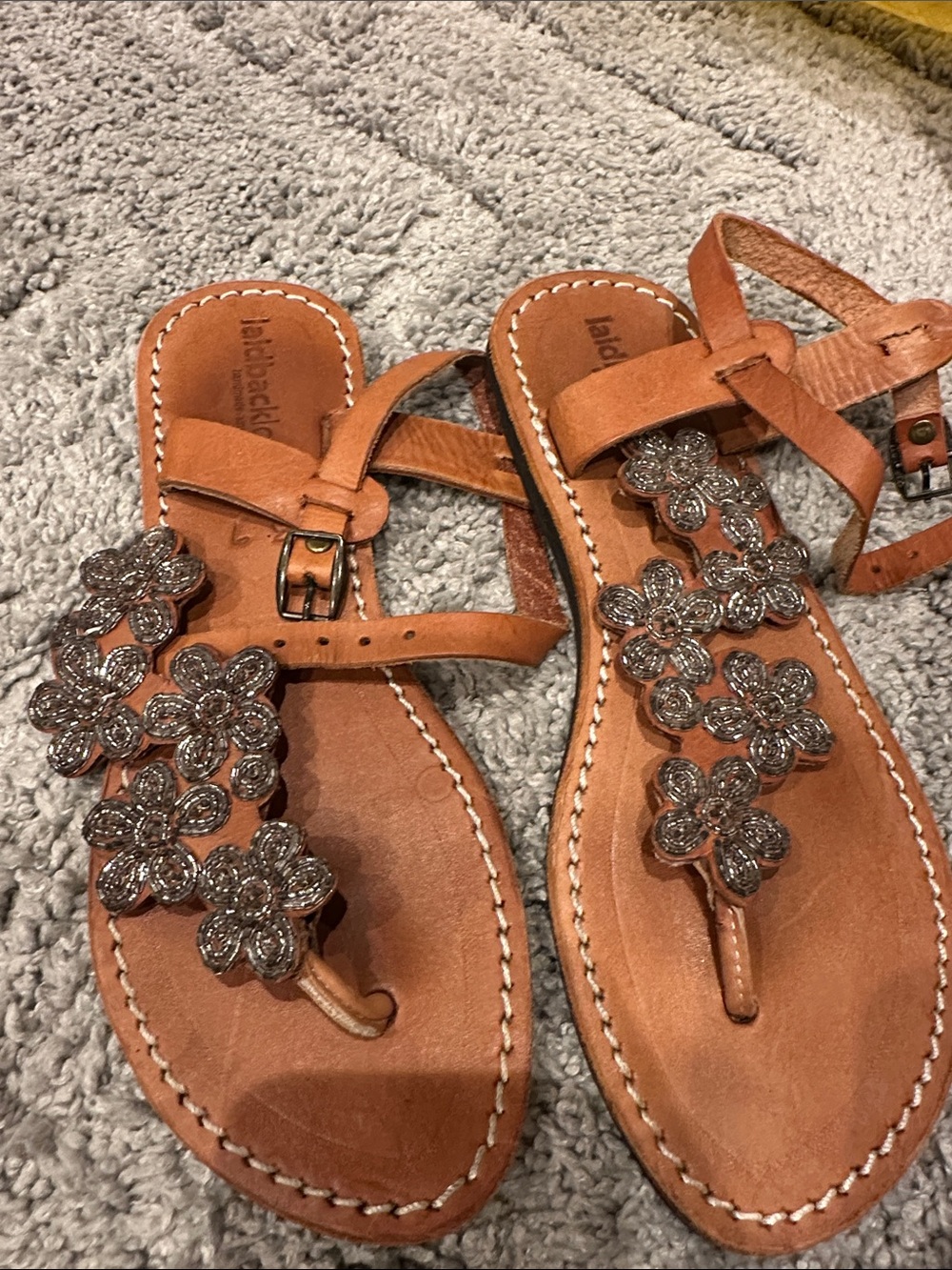 Embellished Tan Leather Flower Thong Sandals - Women